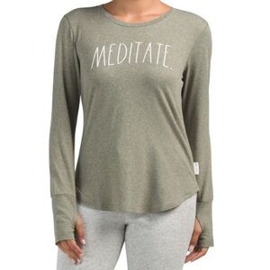 RAE DUNN Meditate long sleeve shirt Heathered green open Back Yoga tee